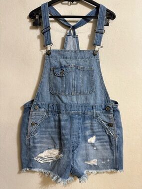 Abercrombie Fitch Jean Shortalls Overalls Distressed Raw Hem Womens Size S NWOT.